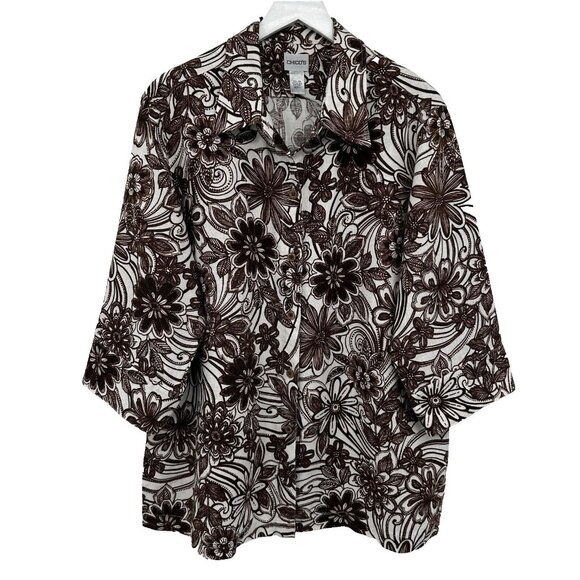 Chicos Size 3 US‎ XL 16 18 Top Shirt Shacket 100% Linen Brown Floral 3/4 Sleeve - Picture 12 of 12
